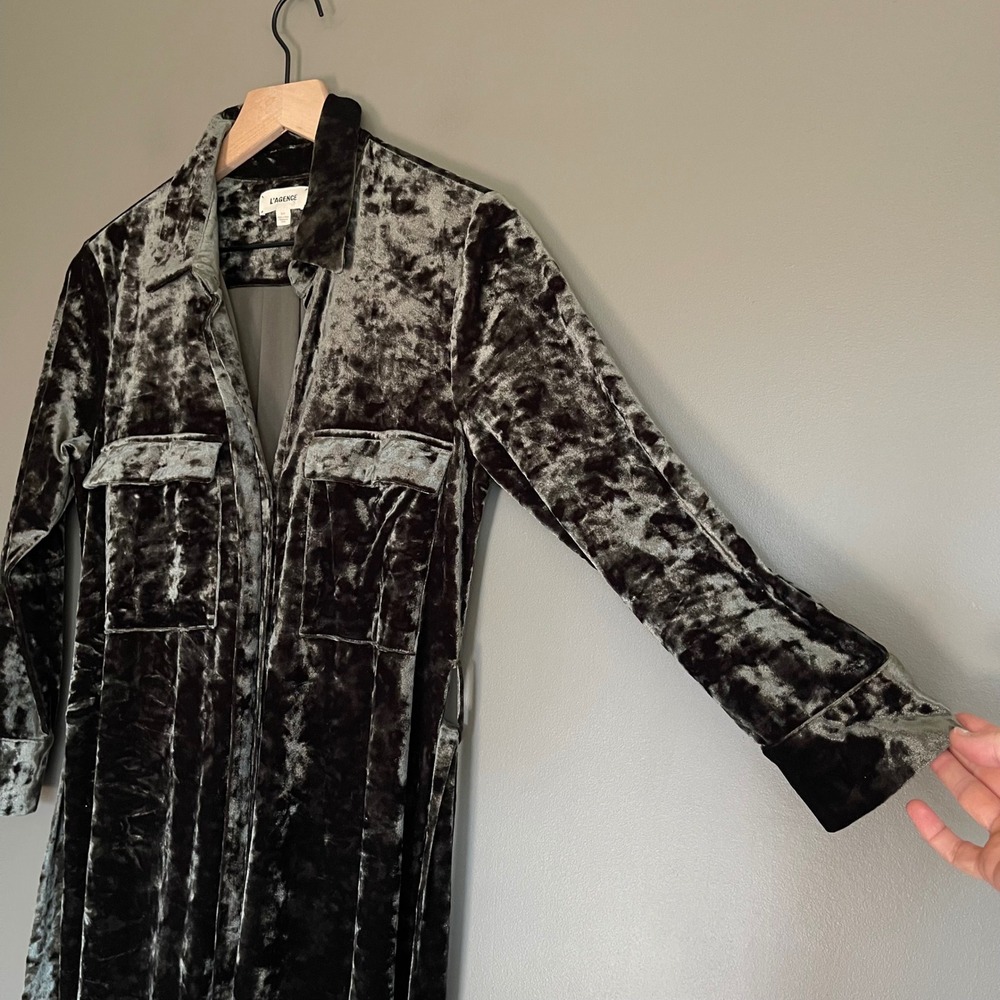 L'Agence Cameron Velvet Maxi Shirt Dress Green Size Small Long Sleeve Chic Sexy - Picture 10 of 16